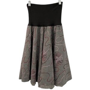 Vintage Gray Cottage Floral Embroidered Wool Flare Midi Skirt Thick Winter XS